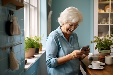 The senior Woman smiles and talks with a friend on the smartphone, Reunion: Joyful Senior Smiles