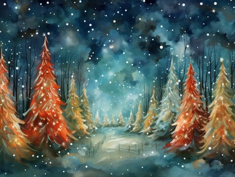 An AI illustration of christmas art by artist lauren mclellanon of snow and trees