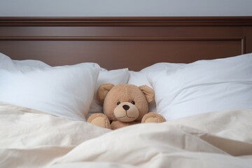 teddy bear in between three adult-sized pillows on a bed