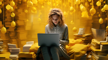 young woman working on laptop inside of a yellow room with books, in the style of alex andreev, jessica drossin, installation-based, uhd image, cabincore, monochromatic chaos, gray and amber - obrazy, fototapety, plakaty