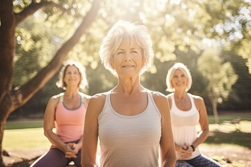 Active graceful Senior Women and Man friend Practicing Yoga in the park muscle health, workout, and training with the retirement community