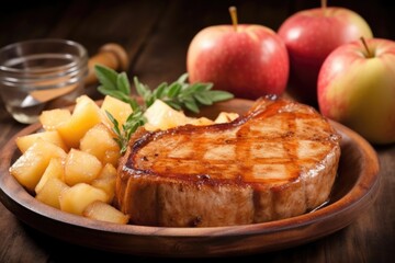 boneless pork chop on rustic wood, covered with apple sauce