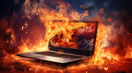 Burning laptop and keyboard, equipment fire due to faulty battery and wiring. Laptop Computer setting the world on fire. Laptop burning in flames. Fire hazard. Losing valuable data. Laptop Damage. - obrazy, fototapety, plakaty