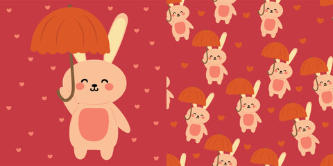 Obraz premium Cute seamless pattern and cartoon card of a rabbit wearing an umbrella. cute element wallpaper for gift wrapping paper, digital print