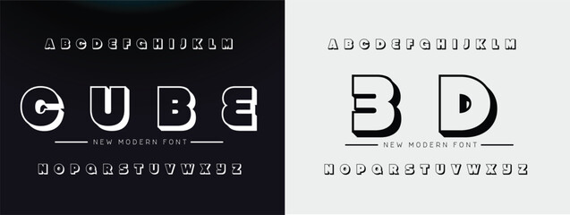 Cube Modernism alphabet. Outline thin lines font like road, maze, frame. Futuristic techno type for scifi logo, contour neon headline or hud monogram. Minimal letters and numbers vector typographic - obrazy, fototapety, plakaty