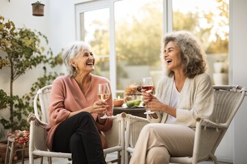 The senior Woman smiles and talks with a friend on sofa in the living room,Comfortable Talks: Elderly Friendship
