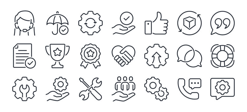 After sales service editable stroke outline icons set isolated on white background flat vector illustration. Pixel perfect. 64 x 64.