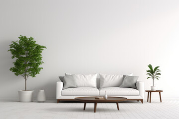 White room with white settee in white living space space on the wall for placeholder frame
