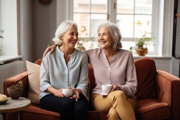 Obraz premium The senior Woman smiles and talks with a friend on sofa in the living room,Comfortable Talks: Elderly Friendship