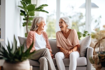 The senior Woman smiles and talks with a friend on sofa in the living room,Comfortable Talks: Elderly Friendship
