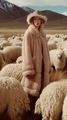 a woman standing in a large herd of sheep