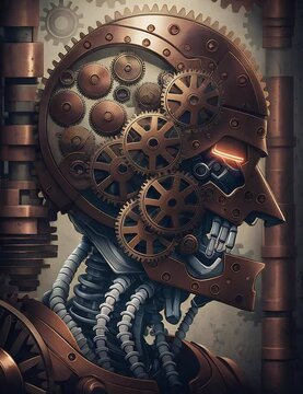 Creative AI-Generated Cyborg: Mechanical Aesthetics of Bionic Man in Brown, Copper, and Cream Colors. Generative AI