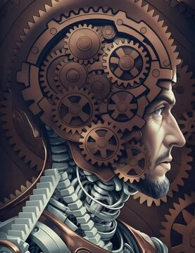 Mechanical Marvel: Bionic Man Unveiled in Vintage Copper & Brown, a Futuristic Flipbook Animation with Gears and Cream Highlights, Perfect for Steampunk and Tech Lovers. Generative AI