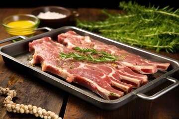 Fototapeta premium raw herb-marinated pork rib rack on a metal tray