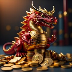 gold dragons lying on pile of gold coins made with Generative AI
