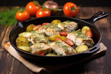 herb-marinated fish fillet in a cast iron pan