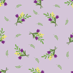Seamless floral vector pattern. Surface design with a bouquet, small spring plants like tulip, mimosa flowers, leaves, branches isolated on lilac background.