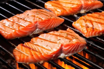 close-up of a salmon steaks grill marks