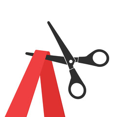 Grand opening concept. Scissors cutting red ribbon.