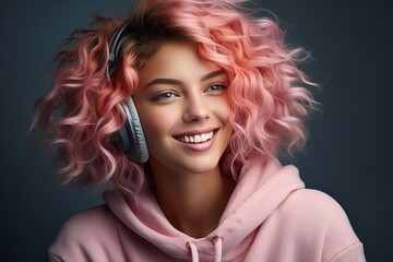 Beautiful young girl with purple pink hair listening to music on headphones, street style, outdoor...