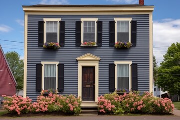 saltbox house with floral-patterned window shutters
