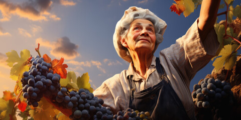Older woman harvesting grapes in vineyard - obrazy, fototapety, plakaty