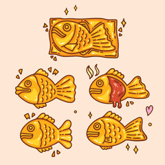 Taiyaki, Bungeoppang, Fish Shaped Pastry, Food drawing, vector illustration.