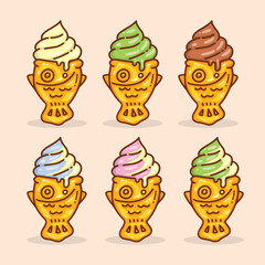 Set of Taiyaki ice cream, Food drawing, vector illustration.