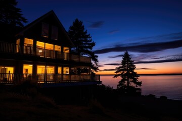 silhouette of a shingle style beach home against ocean sunset