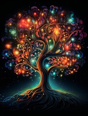 illustration of Tree of life in colorful style dark background some , Generative ai