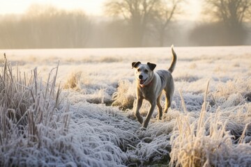 dog frolicking in a field covered in winter frost