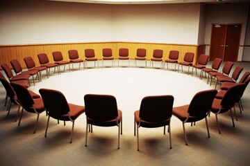 a view of an empty corporate meeting room with chairs in a circular setup