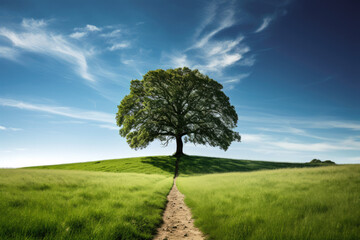 Fototapeta na wymiar Iconic summer oak tree with leading dirt path, Summermeadow and blue sky