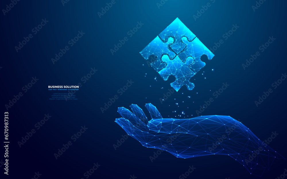 Aufkleber abstract hand-holding jigsaw puzzle hologram in futuristic light blue style. digital business soluti