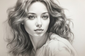 Fototapeta premium Female portrait drawn with very hard pencil on tracing paper. ai generative