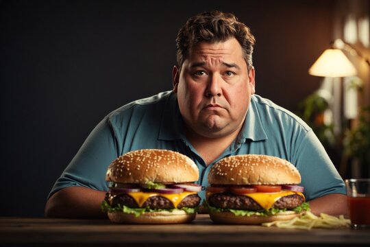 Face of an overweight man looking at a big burger. ai generative
