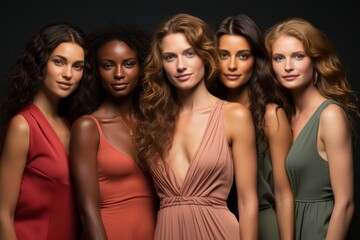 Obraz premium cheerful young multiethnic women. Girlfriends smiling at the camera, posing together. Diversity, beauty, friendship concept. Isolated on gray background