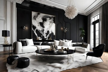 interior black modern living room design with wall painting behind the wall and side window black furnishes interior lunge design  - obrazy, fototapety, plakaty