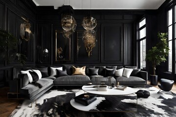 interior black modern living room design with wall painting behind the wall and side window black furnishes interior lunge design  - obrazy, fototapety, plakaty