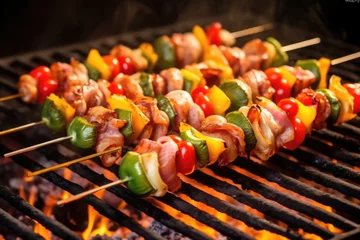 Foto op Aluminium skewered brussels sprouts with bacon and glowing barbeque coals beneath © primopiano
