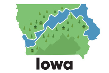 Iowa map shape United states America green forest hand drawn cartoon style with trees travel terrain