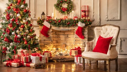 Christmas tree with gifts and fireplace