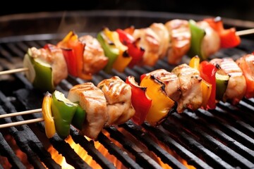chicken kebabs on a metal rod over a charcoal grill