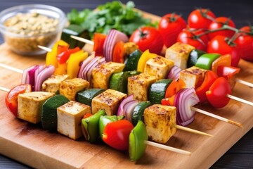 vegan tofu skewers on a rod with assorted vegetables