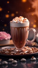 Hot chocolate with marshmallows in a glass cup on a dark background. Coffee Concept With Copy Space