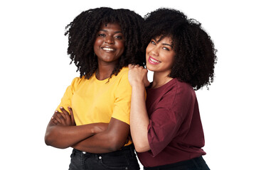 Black women, happy and portrait of friends together for fashion, empowerment or freedom. Young african people isolated on a transparent, png background for motivation, cosmetics and support or care - obrazy, fototapety, plakaty