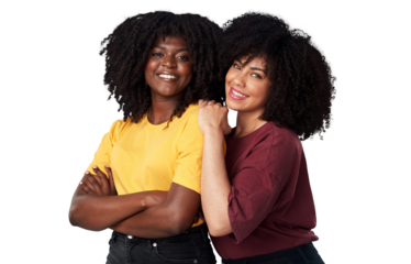Black women, happy and portrait of friends together for fashion, empowerment or freedom. Young african people isolated on a transparent, png background for motivation, cosmetics and support or care