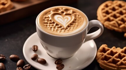 Cup of cappuccino with heart shape latte art. Coffee Concept With Copy Space