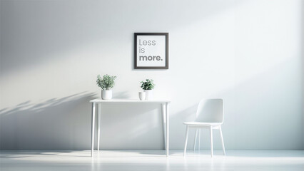 Table, chair and poster in white minimalist style interior design