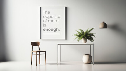 Table, chair and poster in white minimalist style interior design